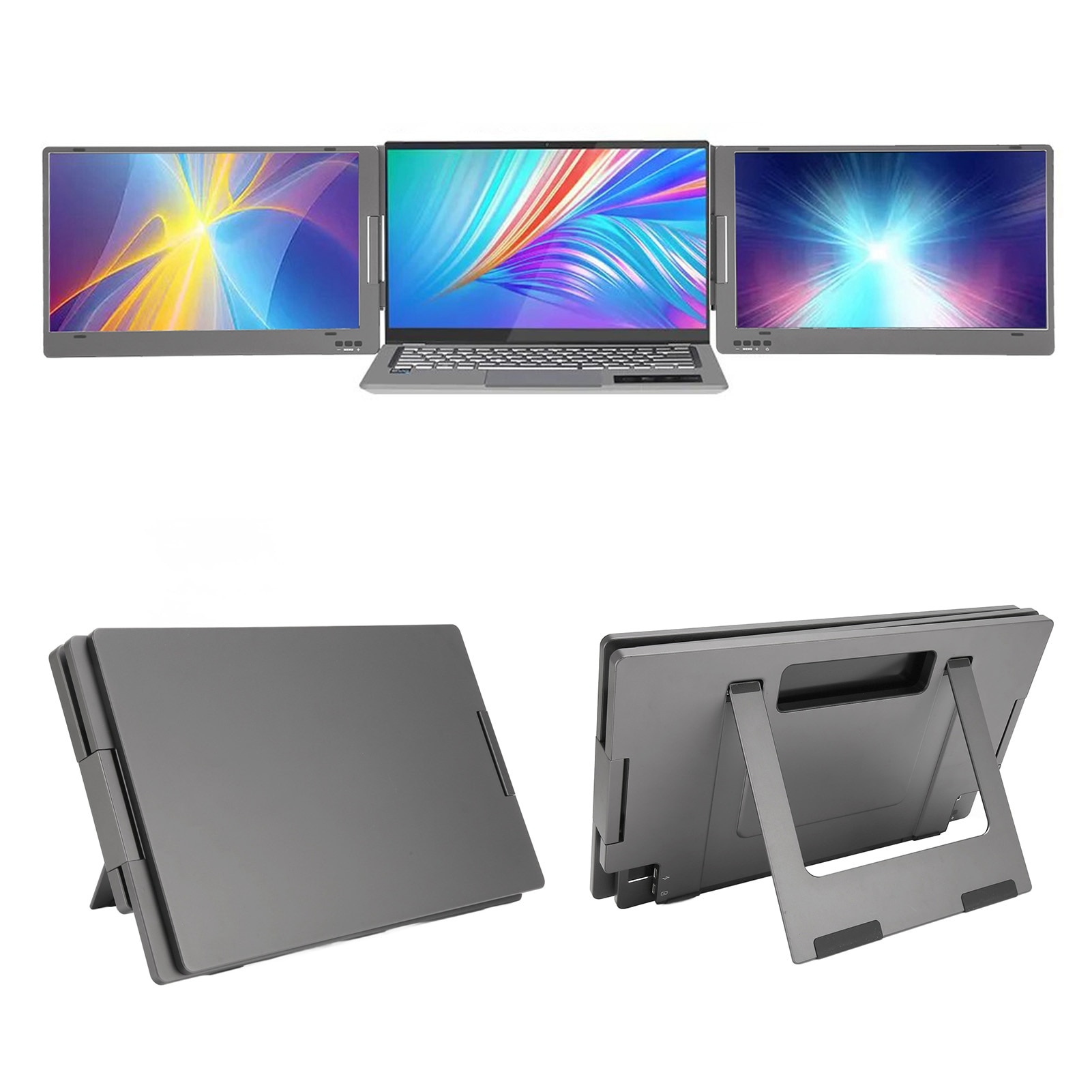 노트북 듀얼 스크린 실버 그레이 FHD 1080P 트리플 휴대용 모니터, 100-240V 멀티태스킹 C 타입 포트, 15.6 인치 노트북용
